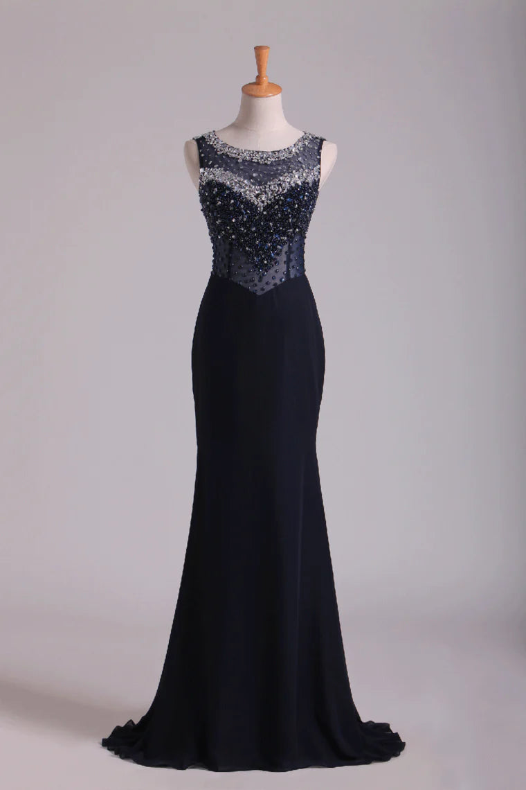 Scoop Open Back Beaded Bodice Floor Length Chiffon Party Dresses
